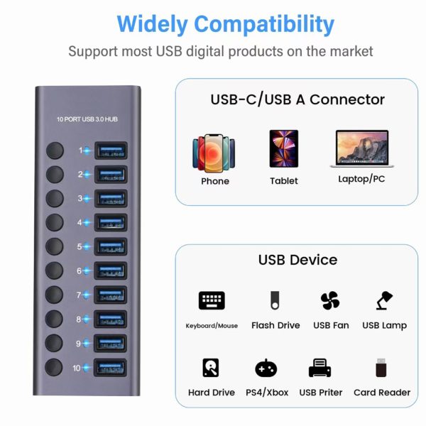 Usb 3.0 Hub 10-port Hub Docking Station with Independent Switch Usb Splitter