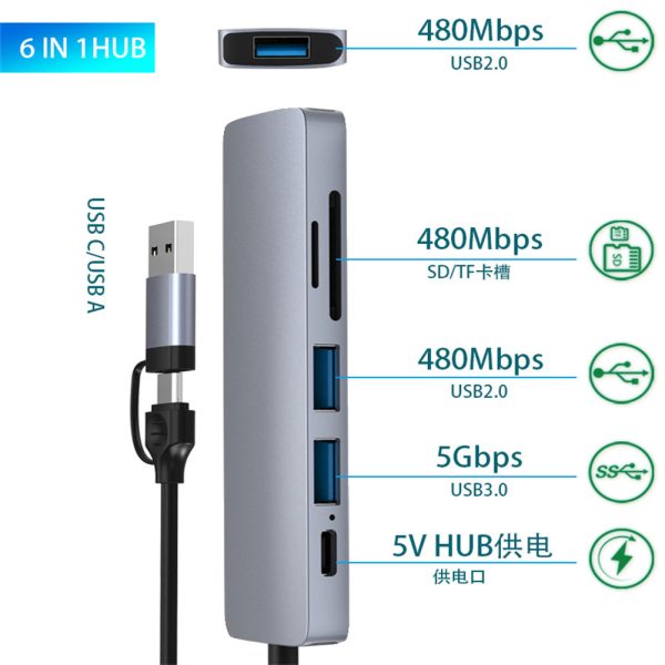 USB C Hub 6-in-1 Dual-head Type C USB Docking Station Pd Fast Charging Adapter