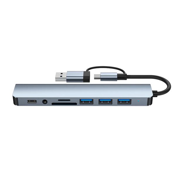 8 In 1 USB C Hub Multiport USB 3.0 Expander With Cable Portable Data Adapter Card Reader For Laptop PC Printer Flash Drive grey
