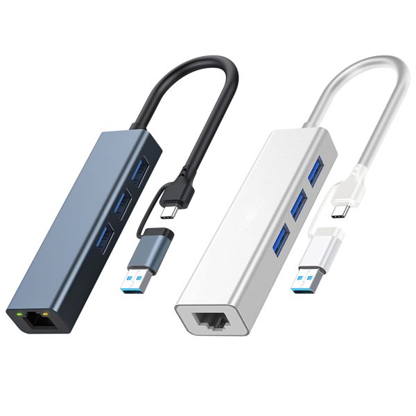 Ethernet Adapter 4 In 1 Hub 100/1000Mbps USB 3.0 Type-C To RJ45 Multiport LAN Network Adapter For Laptop PC Computer Gigabit 1000Mbps Gray